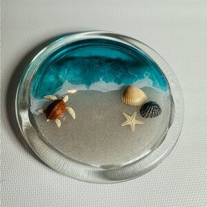 Coastal Beach Scene Glass Trinket Dish with Sea Turtle